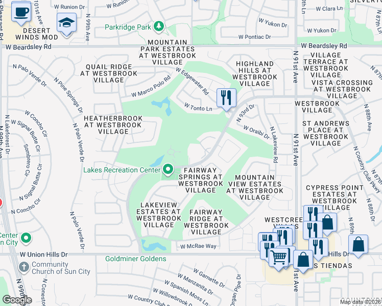 map of restaurants, bars, coffee shops, grocery stores, and more near 19400 North Westbrook Parkway in Peoria