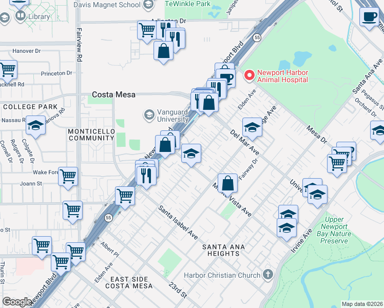 map of restaurants, bars, coffee shops, grocery stores, and more near 2516 Alder Lane in Costa Mesa