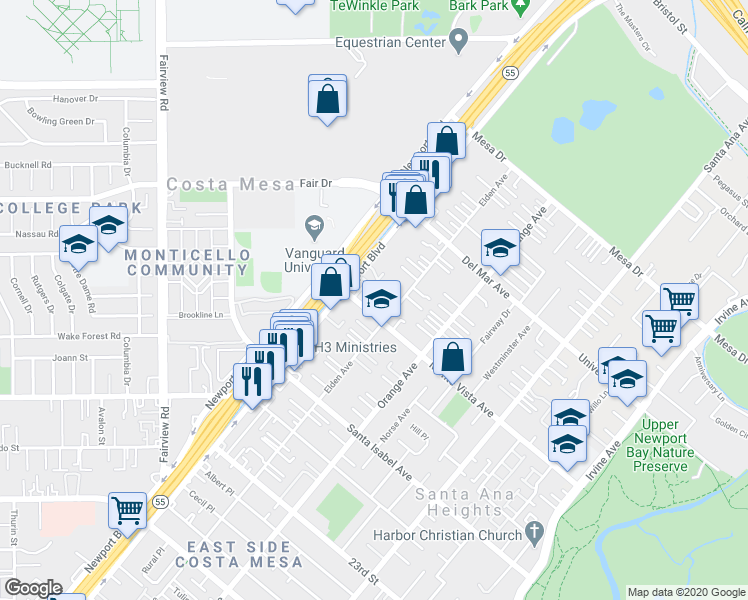 map of restaurants, bars, coffee shops, grocery stores, and more near 2516 Alder Lane in Costa Mesa