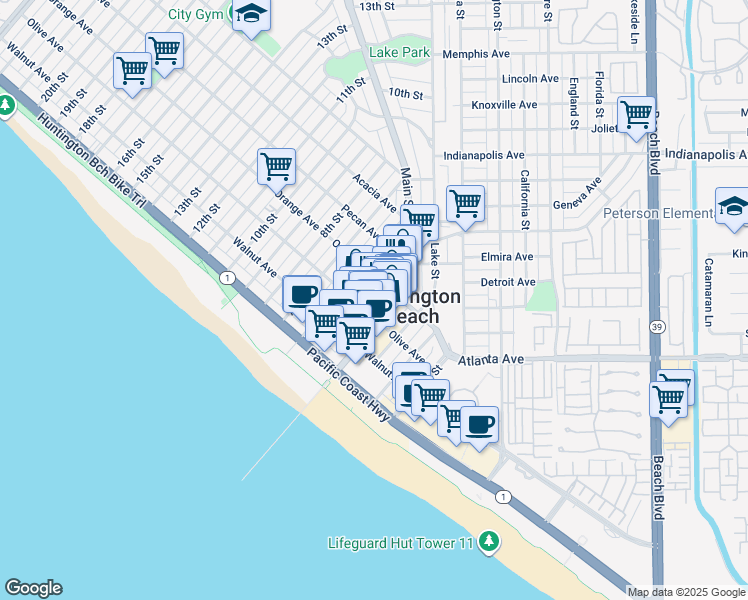 map of restaurants, bars, coffee shops, grocery stores, and more near 313 1/2 5th Street in Huntington Beach
