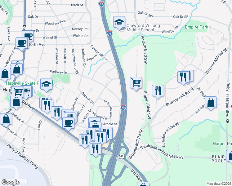 map of restaurants, bars, coffee shops, grocery stores, and more near 3436 Old Jonesboro Road in Hapeville