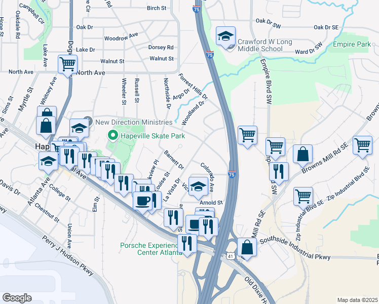 map of restaurants, bars, coffee shops, grocery stores, and more near 3311 La Vista Drive in Hapeville