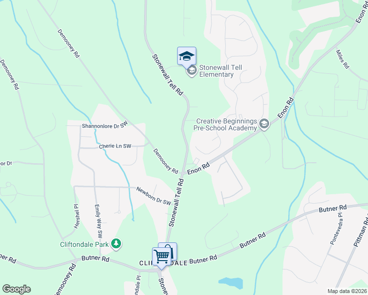 map of restaurants, bars, coffee shops, grocery stores, and more near 3525 Stonewall Tell Road in Atlanta