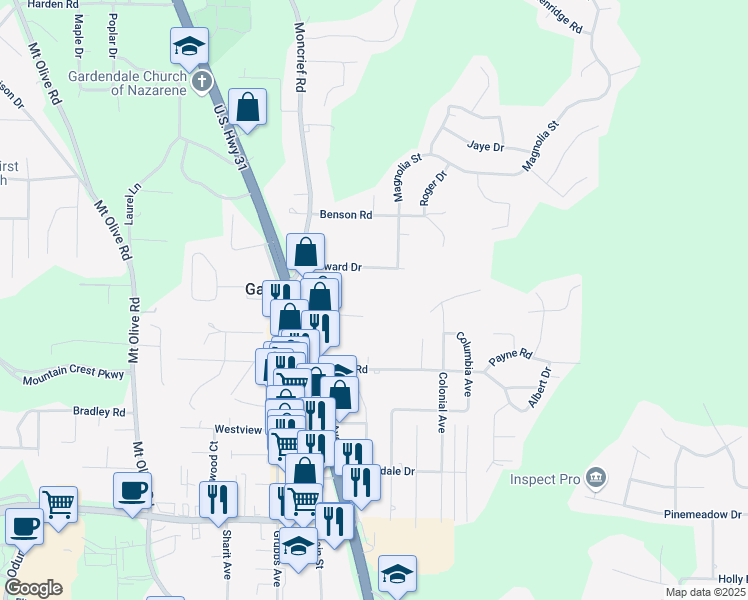 map of restaurants, bars, coffee shops, grocery stores, and more near 1409 Thompson Circle in Gardendale