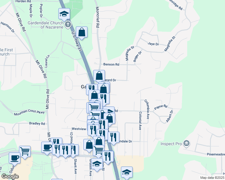 map of restaurants, bars, coffee shops, grocery stores, and more near 1409 Thompson Circle in Gardendale