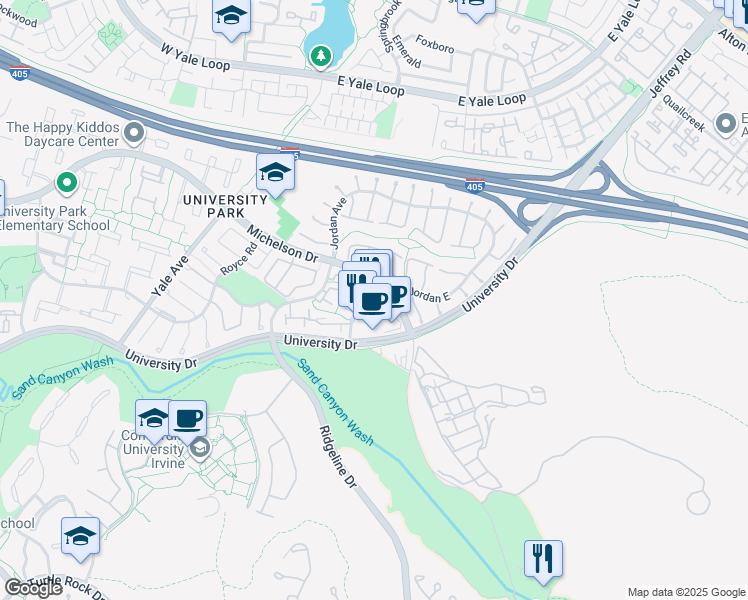 map of restaurants, bars, coffee shops, grocery stores, and more near 5331 University Drive in Irvine