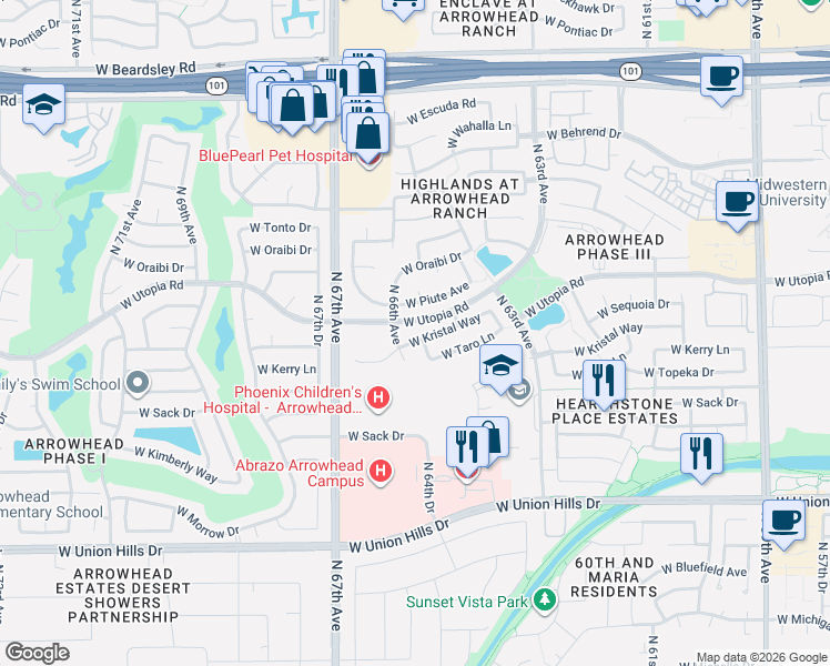 map of restaurants, bars, coffee shops, grocery stores, and more near 19103 North 66th Avenue in Glendale