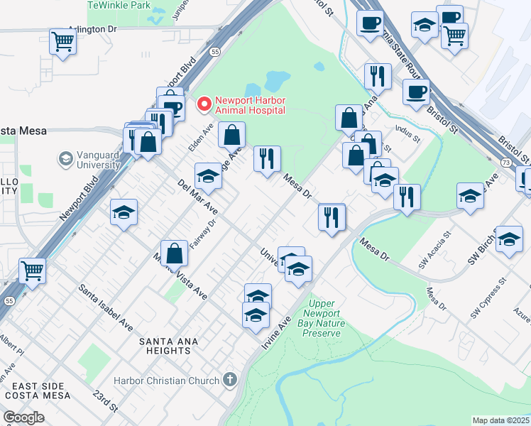 map of restaurants, bars, coffee shops, grocery stores, and more near 2641 Santa Ana Avenue in Costa Mesa