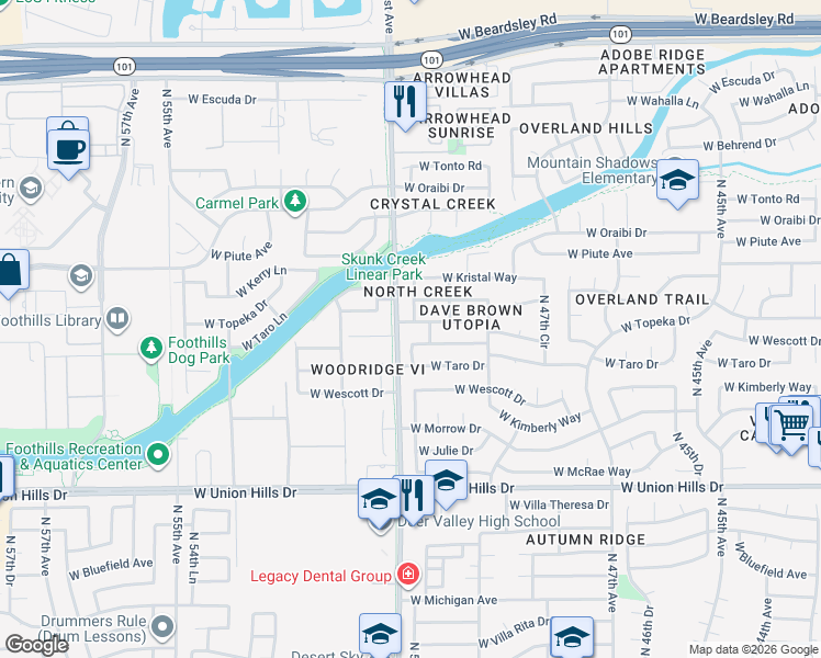 map of restaurants, bars, coffee shops, grocery stores, and more near 19202 North 50th Lane in Glendale