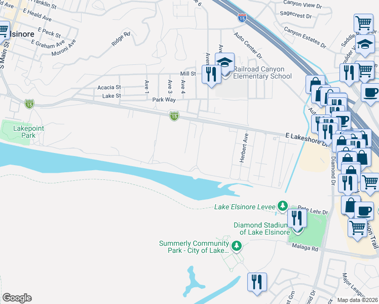map of restaurants, bars, coffee shops, grocery stores, and more near Rhoda Street in Lake Elsinore