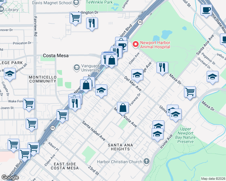 map of restaurants, bars, coffee shops, grocery stores, and more near 2524 Elden Avenue in Costa Mesa
