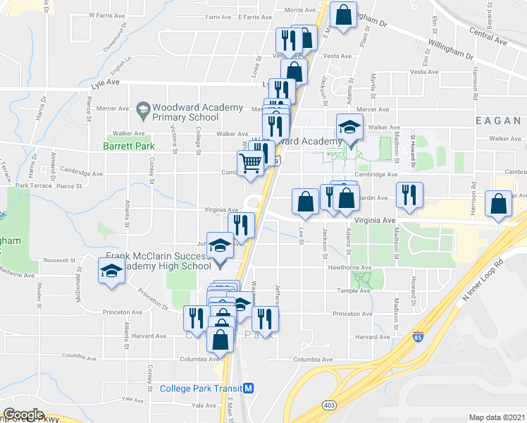 map of restaurants, bars, coffee shops, grocery stores, and more near 1774 Virginia Ave in College Park