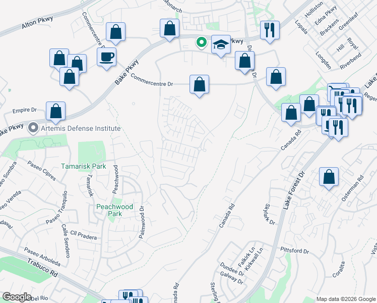map of restaurants, bars, coffee shops, grocery stores, and more near 590 Catalonia in Lake Forest