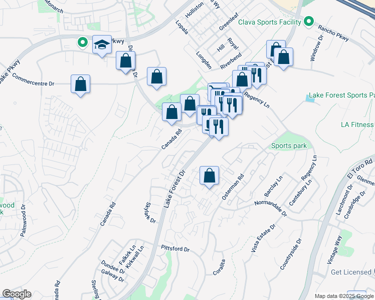 map of restaurants, bars, coffee shops, grocery stores, and more near 26390 Forest Ridge Drive in Lake Forest