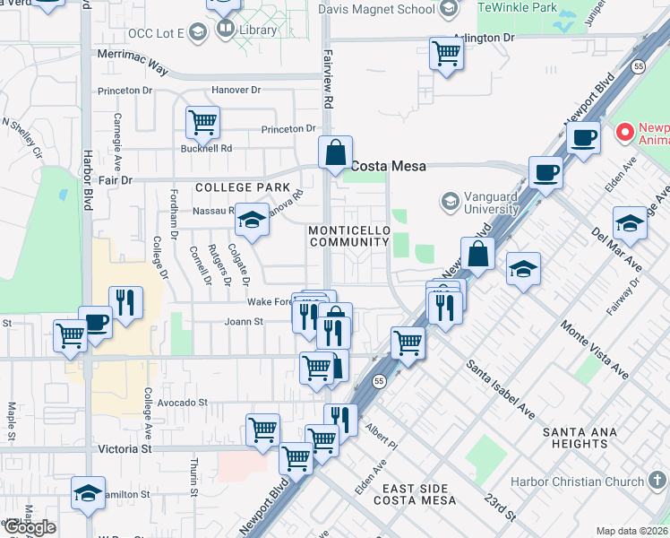 map of restaurants, bars, coffee shops, grocery stores, and more near 2342 Bunker Hill Way in Costa Mesa