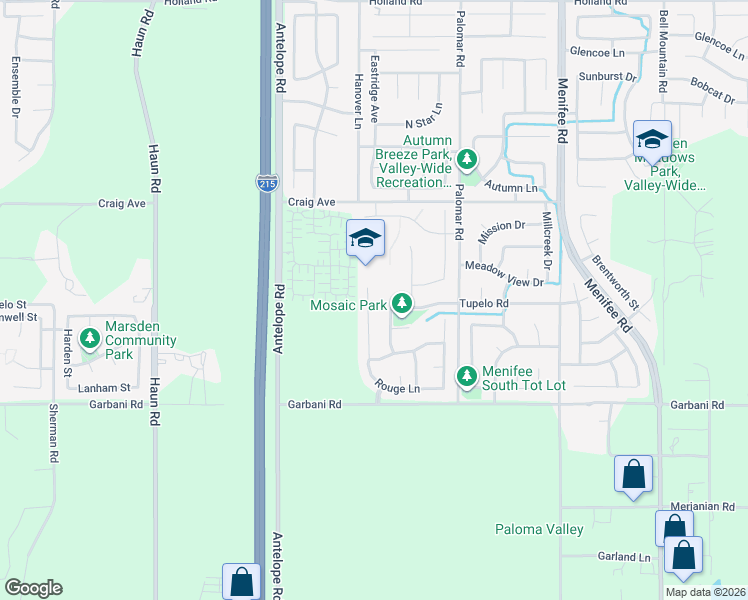 map of restaurants, bars, coffee shops, grocery stores, and more near 31724 Rouge Lane in Menifee