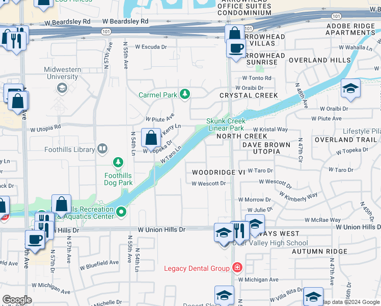 map of restaurants, bars, coffee shops, grocery stores, and more near 5231 West Kristal Way in Glendale