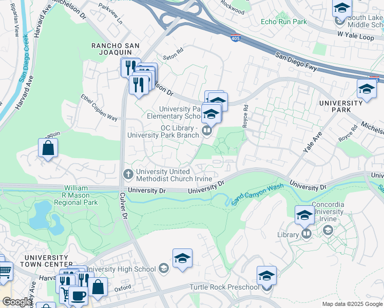 map of restaurants, bars, coffee shops, grocery stores, and more near 4 Dewberry Way in Irvine