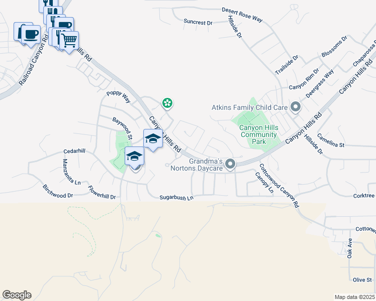 map of restaurants, bars, coffee shops, grocery stores, and more near 33513 Cedar Creek Lane in Lake Elsinore