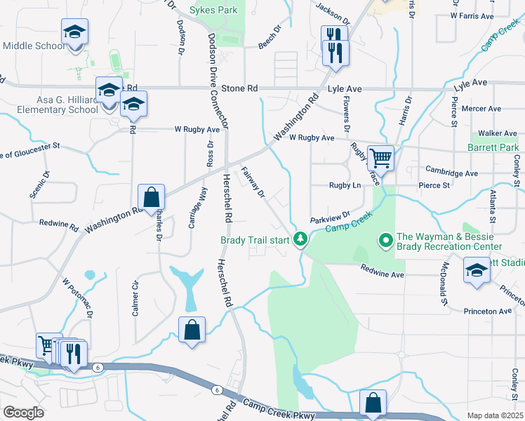 map of restaurants, bars, coffee shops, grocery stores, and more near 3515 Fairway Drive in College Park