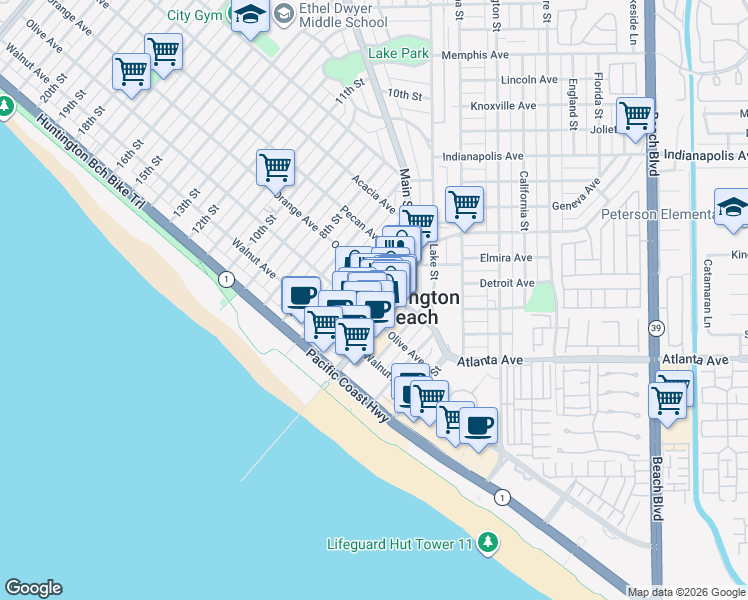 map of restaurants, bars, coffee shops, grocery stores, and more near 313 1/2 5th Street in Huntington Beach