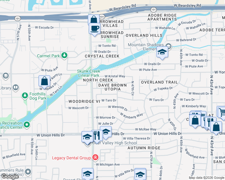 map of restaurants, bars, coffee shops, grocery stores, and more near 4817 West Topeka Drive in Glendale