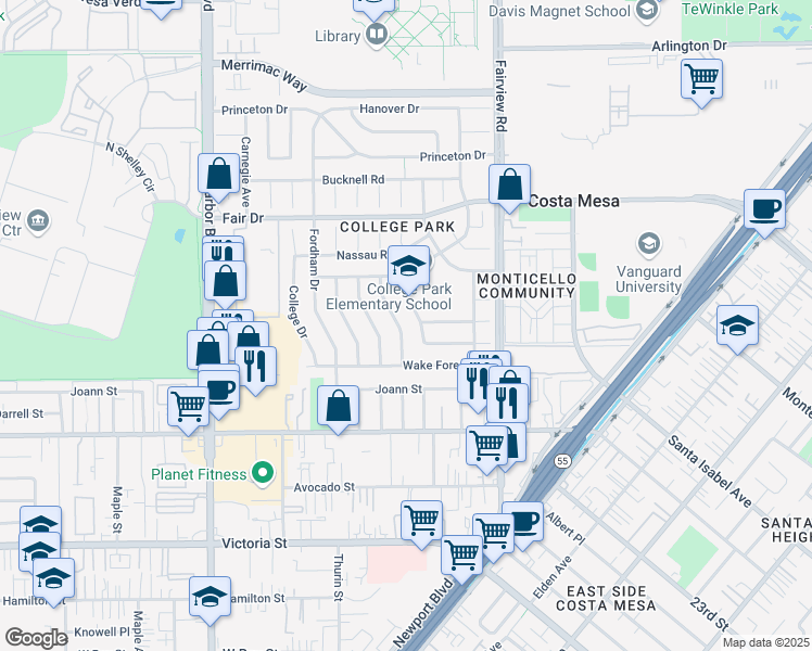 map of restaurants, bars, coffee shops, grocery stores, and more near 2348 Colgate Drive in Costa Mesa