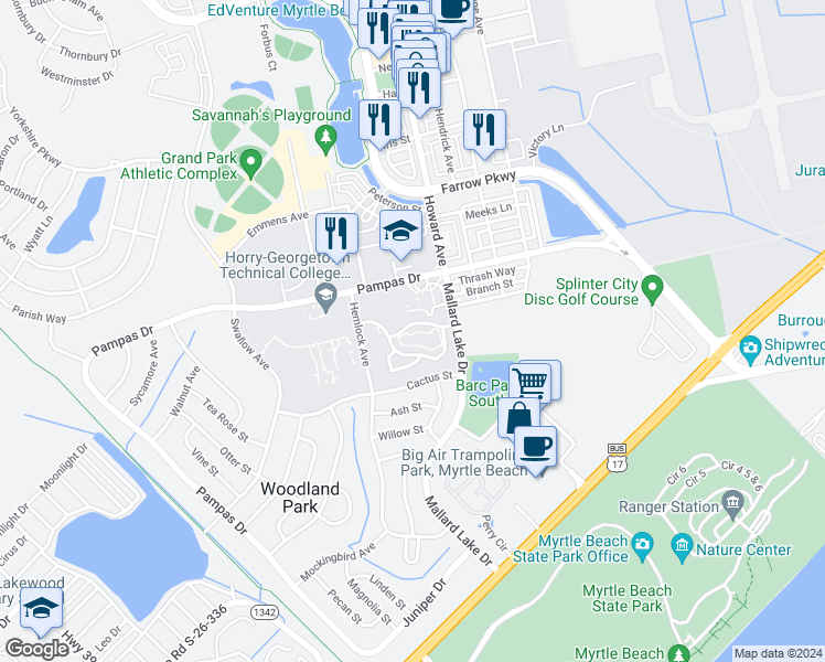 map of restaurants, bars, coffee shops, grocery stores, and more near 3527 Evergreen Way in Myrtle Beach