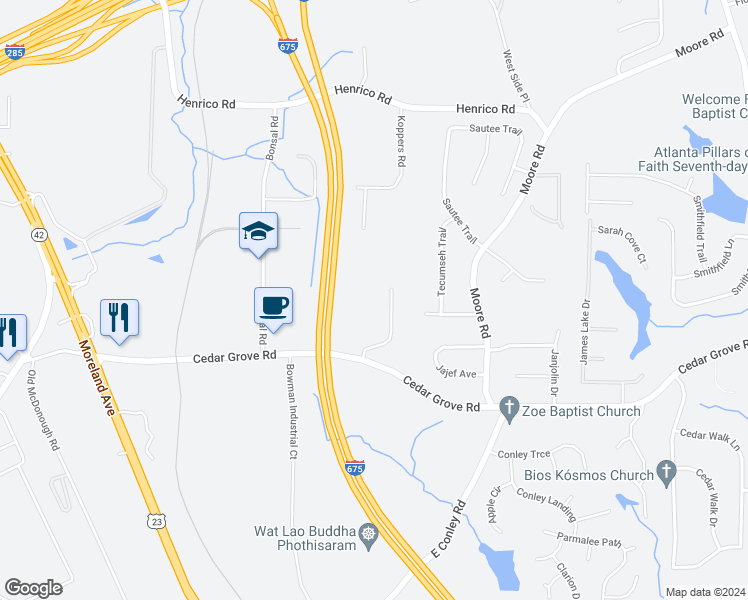 map of restaurants, bars, coffee shops, grocery stores, and more near 1622 Cedar Grove Road in Conley