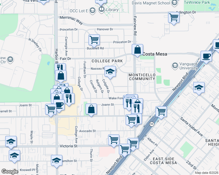 map of restaurants, bars, coffee shops, grocery stores, and more near 2348 Colgate Drive in Costa Mesa