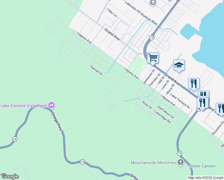 map of restaurants, bars, coffee shops, grocery stores, and more near Bowmore Way in Lake Elsinore