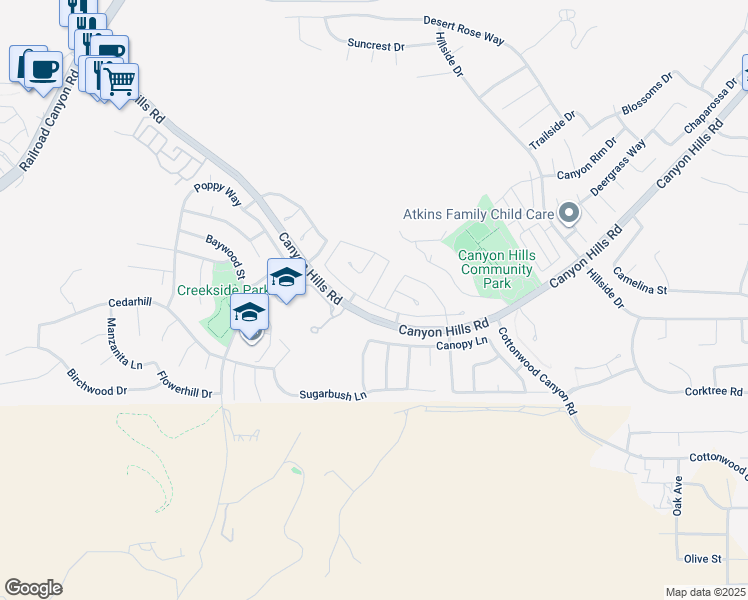 map of restaurants, bars, coffee shops, grocery stores, and more near 32572 Wildflower Drive in Lake Elsinore