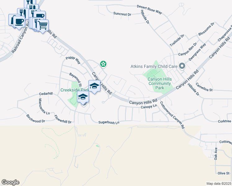 map of restaurants, bars, coffee shops, grocery stores, and more near 33513 Cedar Creek Lane in Lake Elsinore