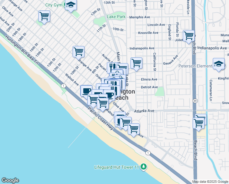 map of restaurants, bars, coffee shops, grocery stores, and more near 301 Main Street in Huntington Beach