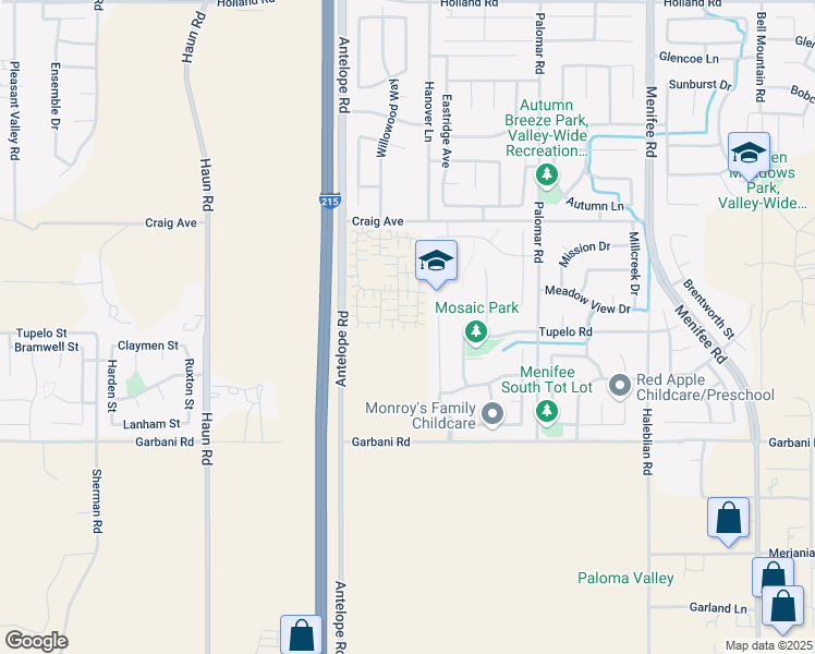 map of restaurants, bars, coffee shops, grocery stores, and more near 28219 Luther Drive in Menifee