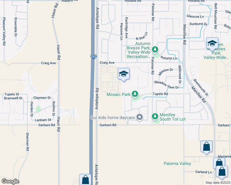 map of restaurants, bars, coffee shops, grocery stores, and more near 28219 Luther Drive in Menifee