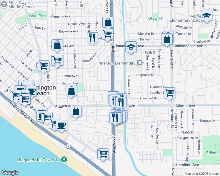 map of restaurants, bars, coffee shops, grocery stores, and more near 20953 Cabrillo Lane in Huntington Beach