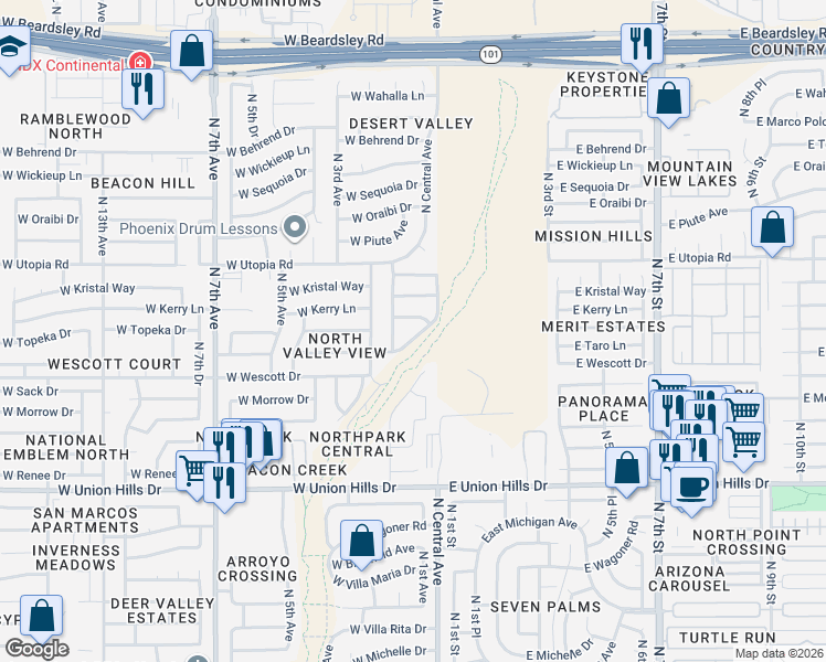 map of restaurants, bars, coffee shops, grocery stores, and more near 109 West Topeka Drive in Phoenix