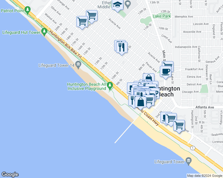 map of restaurants, bars, coffee shops, grocery stores, and more near 2 6th Street in Huntington Beach