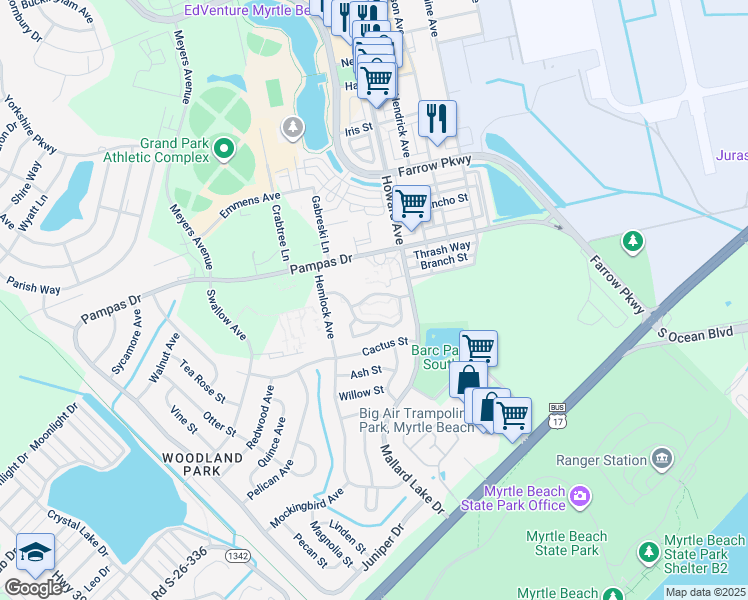 map of restaurants, bars, coffee shops, grocery stores, and more near 3531 Evergreen Way in Myrtle Beach