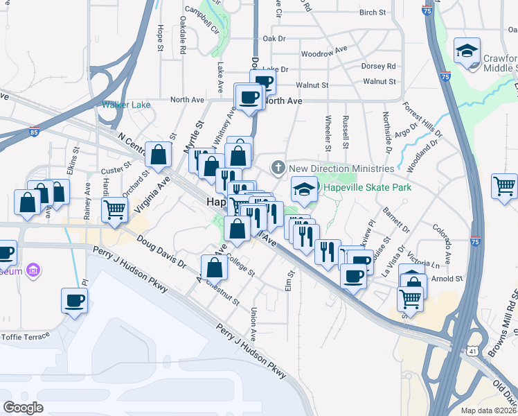 map of restaurants, bars, coffee shops, grocery stores, and more near in Hapeville