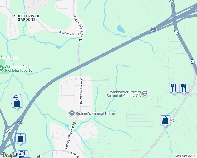 map of restaurants, bars, coffee shops, grocery stores, and more near Old Forest Park Road Southeast in Atlanta
