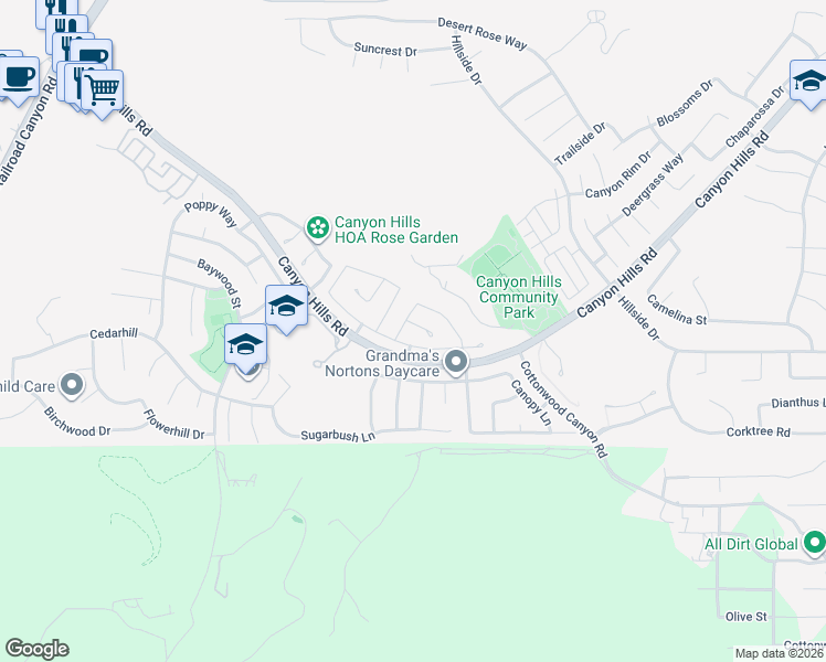 map of restaurants, bars, coffee shops, grocery stores, and more near 33705 Mistflower Court in Lake Elsinore