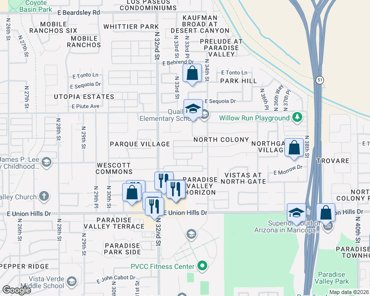 map of restaurants, bars, coffee shops, grocery stores, and more near 3314 East Clark Road in Phoenix
