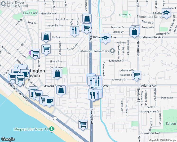 map of restaurants, bars, coffee shops, grocery stores, and more near 20953 Cabrillo Lane in Huntington Beach