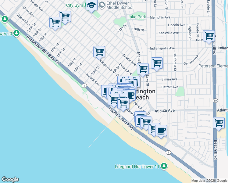 map of restaurants, bars, coffee shops, grocery stores, and more near 225 6th Street in Huntington Beach