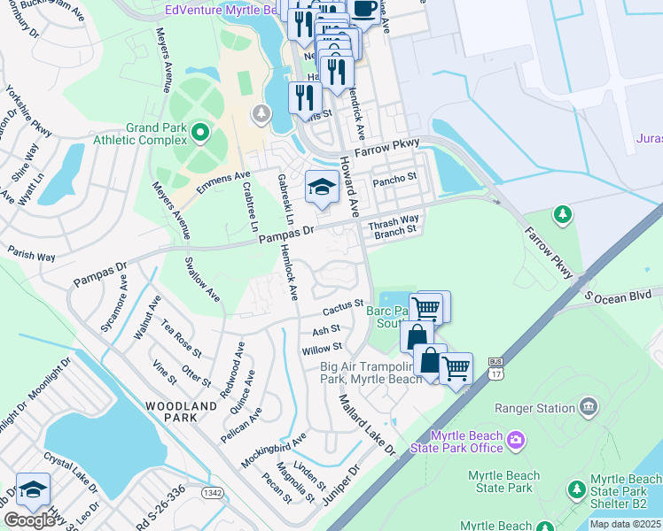 map of restaurants, bars, coffee shops, grocery stores, and more near 3531 Evergreen Way in Myrtle Beach