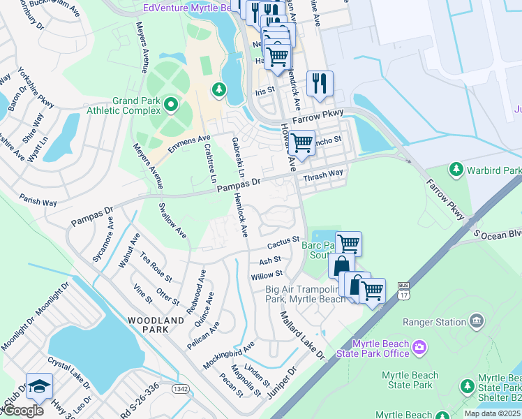 map of restaurants, bars, coffee shops, grocery stores, and more near 3591 Evergreen Way in Myrtle Beach
