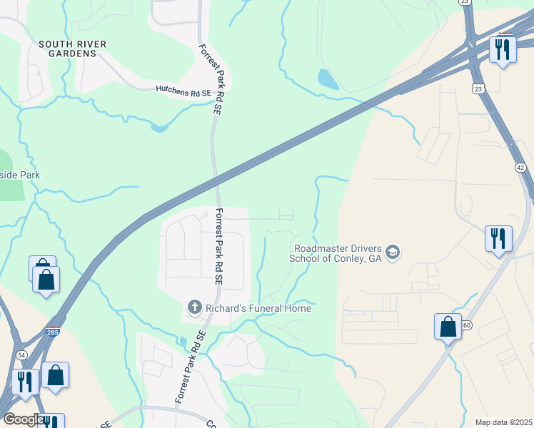 map of restaurants, bars, coffee shops, grocery stores, and more near 2800 Forrest Park Road Southeast in Atlanta