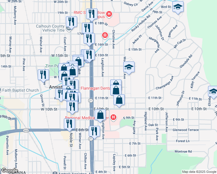 map of restaurants, bars, coffee shops, grocery stores, and more near 317 East 12th Street in Anniston